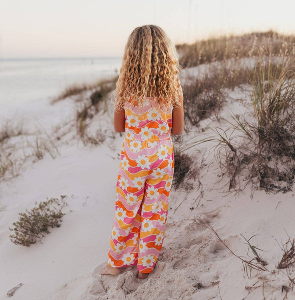 Girls Tangerine & Pink Retro Floral Jumpsuit with Pockets