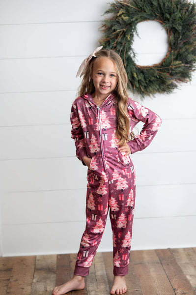 Girls' Pink Christmas Tree Holiday Zip Onesie Set With Ears