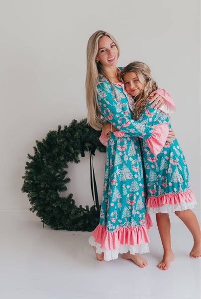 Women's Pink Teal Christmas Holiday Nutcracker Lounge Gown