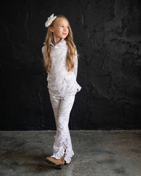 Girls Light Gray Camo Hooded Ruffle Pocket Lounge Set