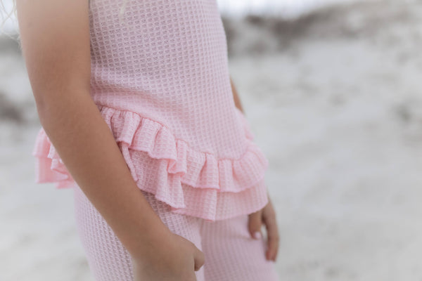 Girls Pink Ruffle Waffle Knit Spring Summer Lounge Set