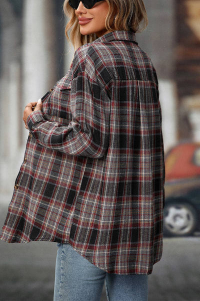 Plaid Button Down Shirt with Chest Pockets and Tie Hem in Khaki Red Black or Red + White