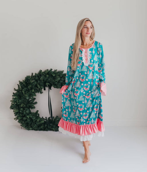 Women's Pink Teal Christmas Holiday Nutcracker Lounge Gown