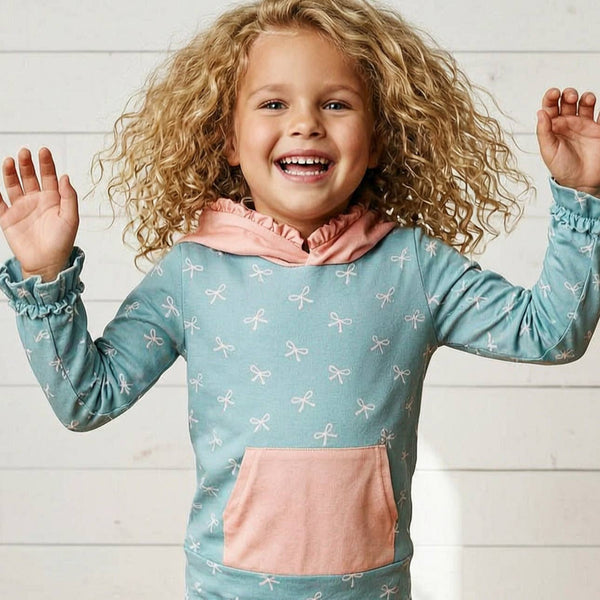 Lucy Teal & Pink Bow Hooded Ruffle Pocket Lounge Set