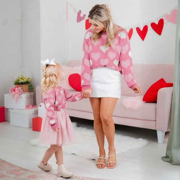 Momma & Me Matching Pink White Pearl Hearts Sweater for Girls & Women