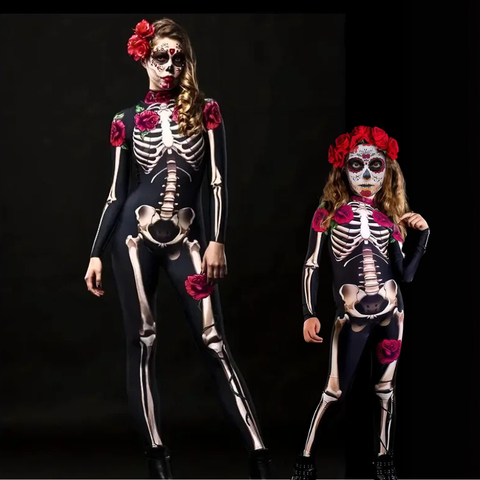 Momma & Me El Dia De Los Muertos Skeleton Rose Jumpsuit Costume for Women & Girls