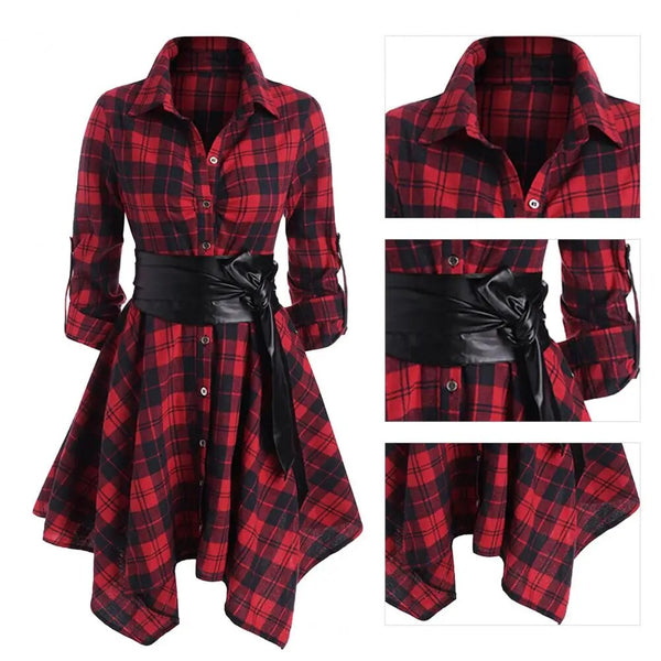Women's Pretty Pleated Plaid Shirtdress with Faux Leather Belt Sash