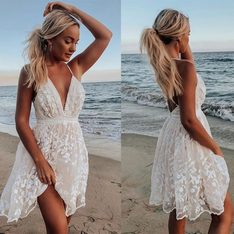 The Genevieve White Halter Lace Dress for Women