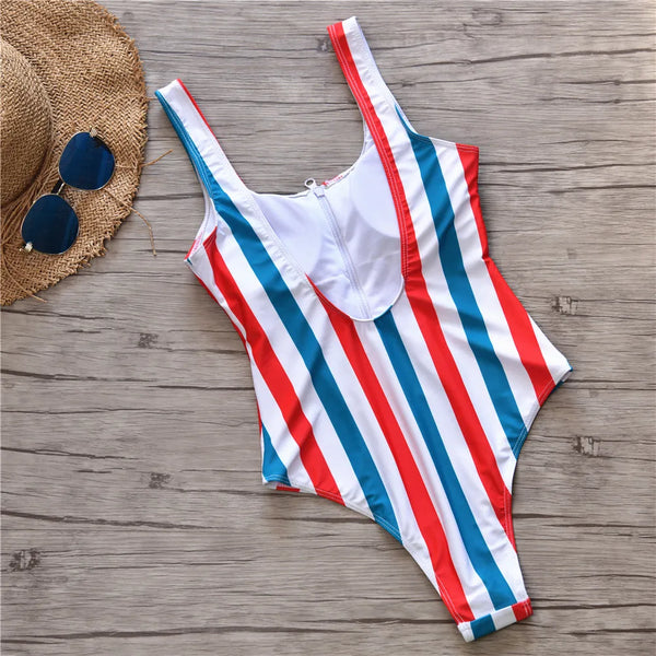 American Stripes Zip-Front One Piece Bathing Suit for Women