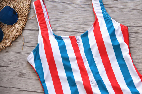 American Stripes Zip-Front One Piece Bathing Suit for Women