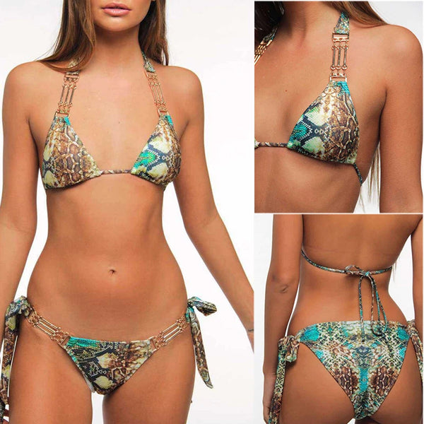 Turquoise Halter Side Tie Snakeskin Print Bikini for Women