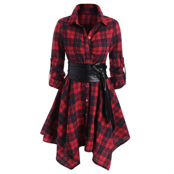 Women's Pretty Pleated Plaid Shirtdress with Faux Leather Belt Sash