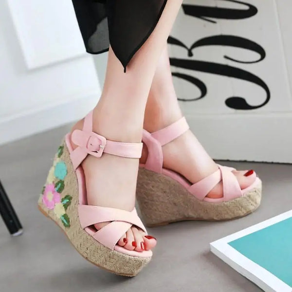 Embroidered Floral Wedge Sandals for Women & Teens