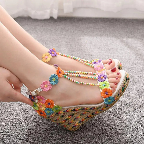 The Embroidered Floral Bead Wedges for Women & Teens