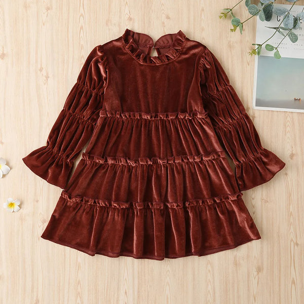 The Nora Long-Sleeve Ruffle Velvet Dress for Little Girls