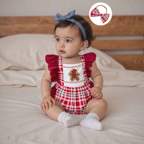 Gingerbread Cookie Plaid Holiday Romper for Baby Girls