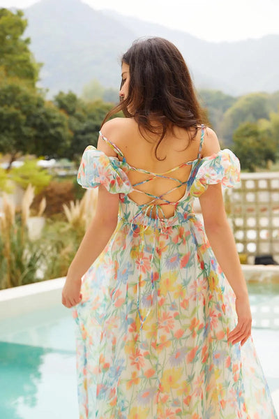 The Lisa Floral Chiffon Lace-up Back Midi Dress for Women