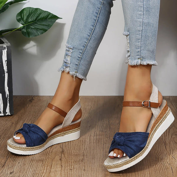 Blue Buckle Bow Wedge Sandals for Women & Teens