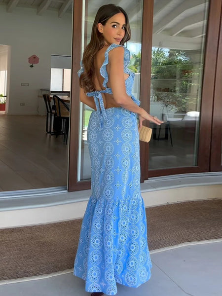 Women's Boho Blue Side Cut-Out Ruffle Dress