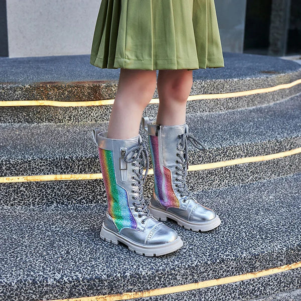 The Rainbow Lace-Up Iridescent Boots for Girls