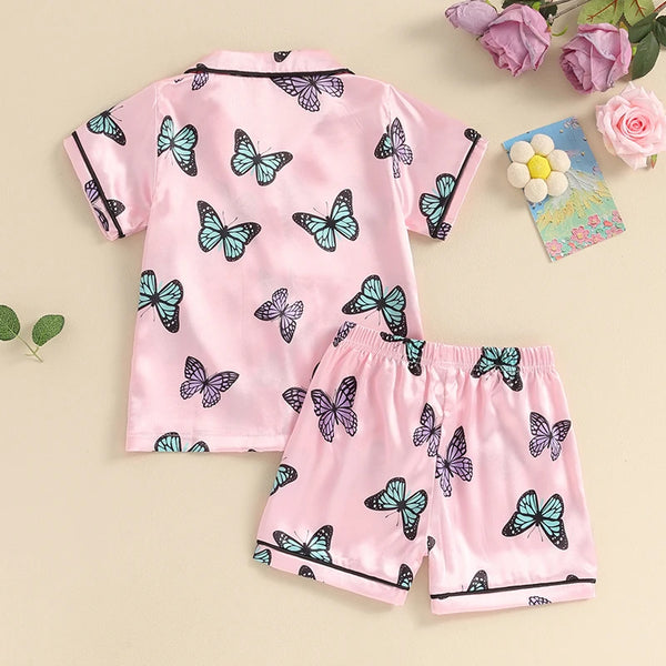 Pink Mariposa Satin Pjs for Toddler & Little Girls