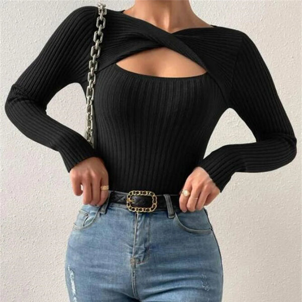 Jaime Peak-a-Boo Twist Ribbed Knit Sweater for Women