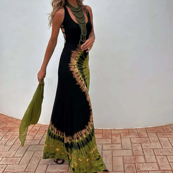 Amira Strappy Backless Soft Black Tie Dye Maxi for Women & Teens