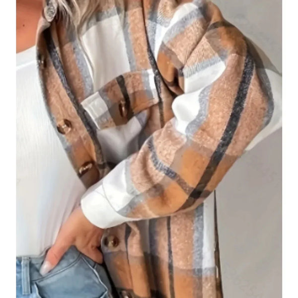 Sara Plus-Size Women's Longline Button Down Shacket in Toffee