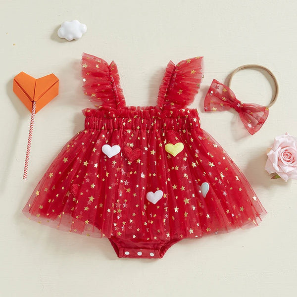 Starry Mesh Ruffle Romper Dress for Baby Girls