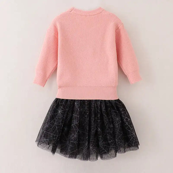 "Boo" Embroidered Sweater & Spiderweb Skirt Outfit for Babies & Girls