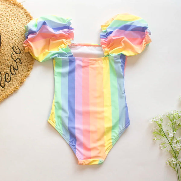 The Puff-Sleeve Rainbow Stripe One-Piece for Girls