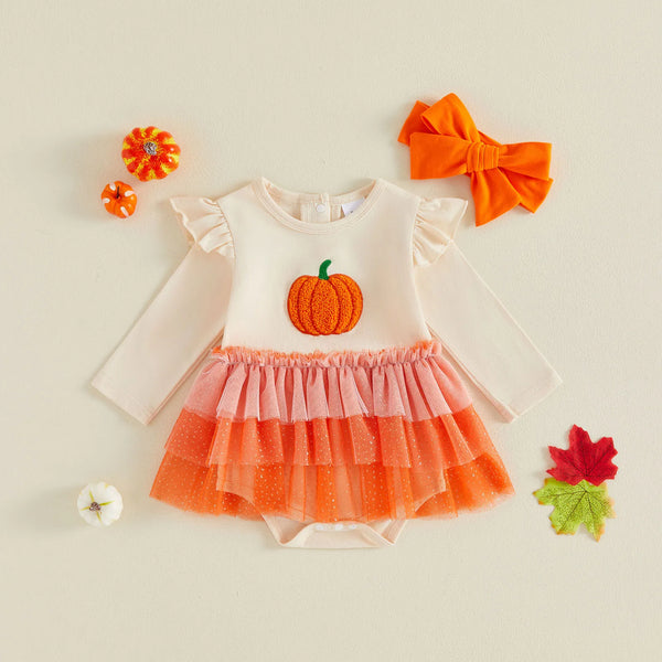 Pumpkin Princess Fall Romper Dress for Baby & Toddler Girls