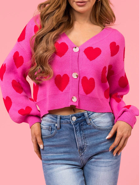 Women's Heart Print Cropped Sweater Cardi