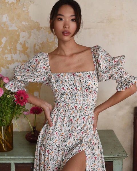 The Hannah Open-Back Puff Sleeve Floral Midi Dress for Women