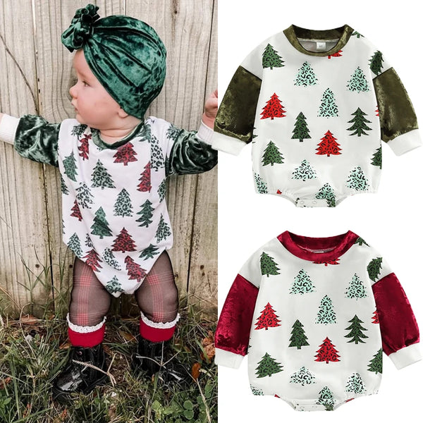 Velvet Christmas Tree Romper for Baby Girls