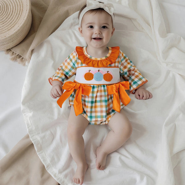 Pumpkin Trio Checked Romper for Baby Girls