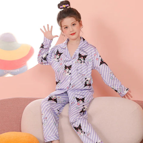 Silky Satin Purple Striped Kuromi™ Button Down PJs for Toddlers, Girls, & Tweens