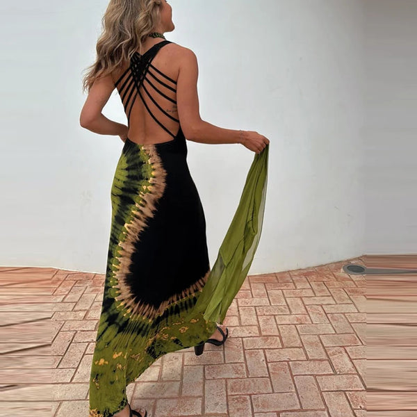 Amira Strappy Backless Soft Black Tie Dye Maxi for Women & Teens