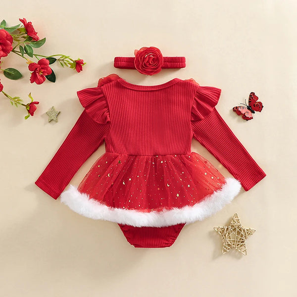 Sparkly Rosette Christmas Romper Dress for Baby Girls