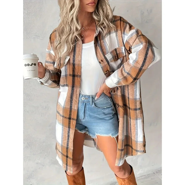 Sara Plus-Size Women's Longline Button Down Shacket in Toffee