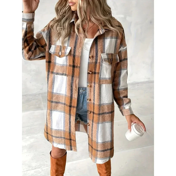 Sara Plus-Size Women's Longline Button Down Shacket in Toffee