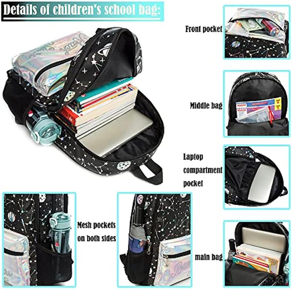 Girls Black Outer Space Reach For The Stars Backpack Set