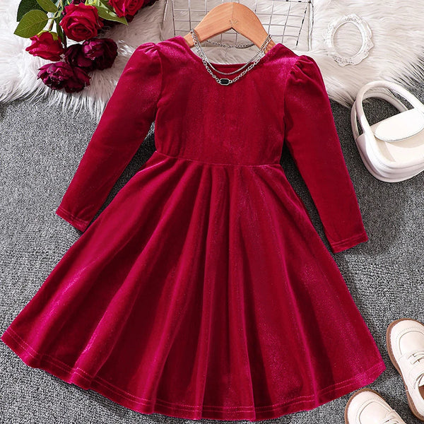 Bow Back Velvet Twirl Dress for Little Girls