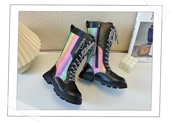 The Rainbow Lace-Up Iridescent Boots for Girls