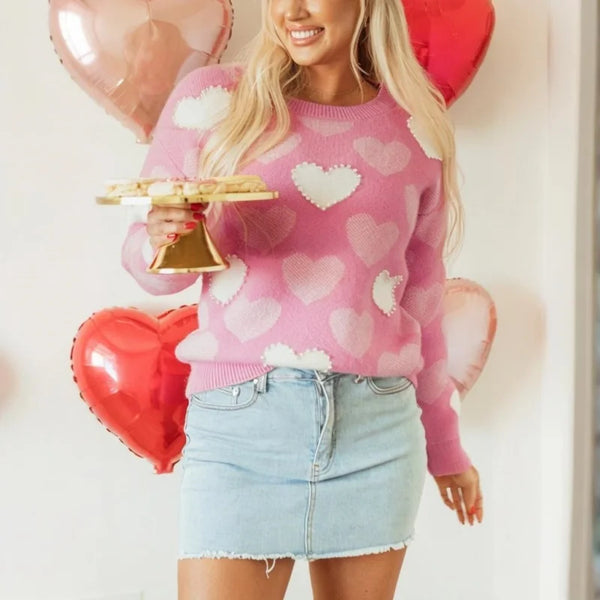 Momma & Me Matching Pink White Pearl Hearts Sweater for Girls & Women