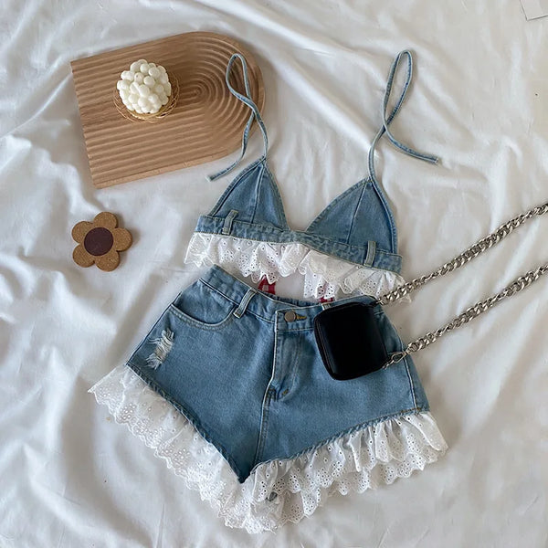 The Tally Denim Ruffle Halter Top & Shorts Outfit for Girls & Teens