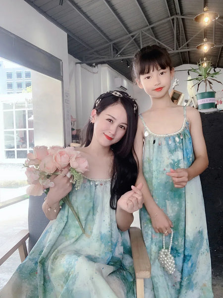 Momma & Me Matching: Aqua Splash Loose and Flowy Midi Beach Dress
