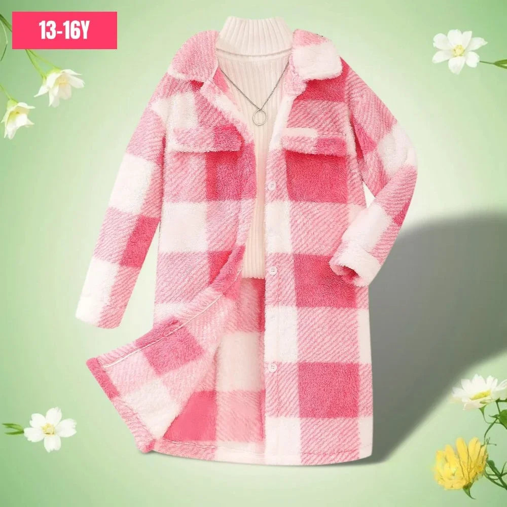Pink Fluffy Longline Plaid Shacket for Tweens & Teens