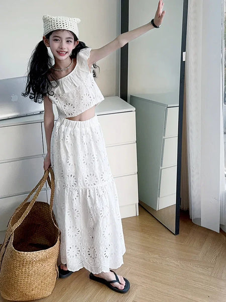 Coquette White Eyelet Matching Bardot-Style Top & Long Skirt Set for Girls