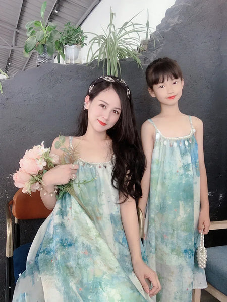 Momma & Me Matching: Aqua Splash Loose and Flowy Midi Beach Dress